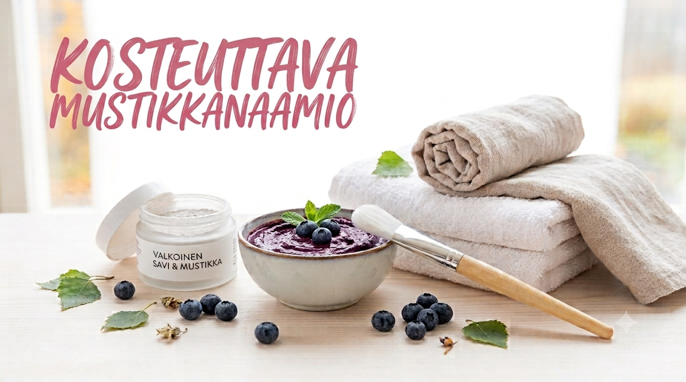 Kosteuttava mustikkanaamio kasvoille luonnollisista raaka-aineista valmistettuna.