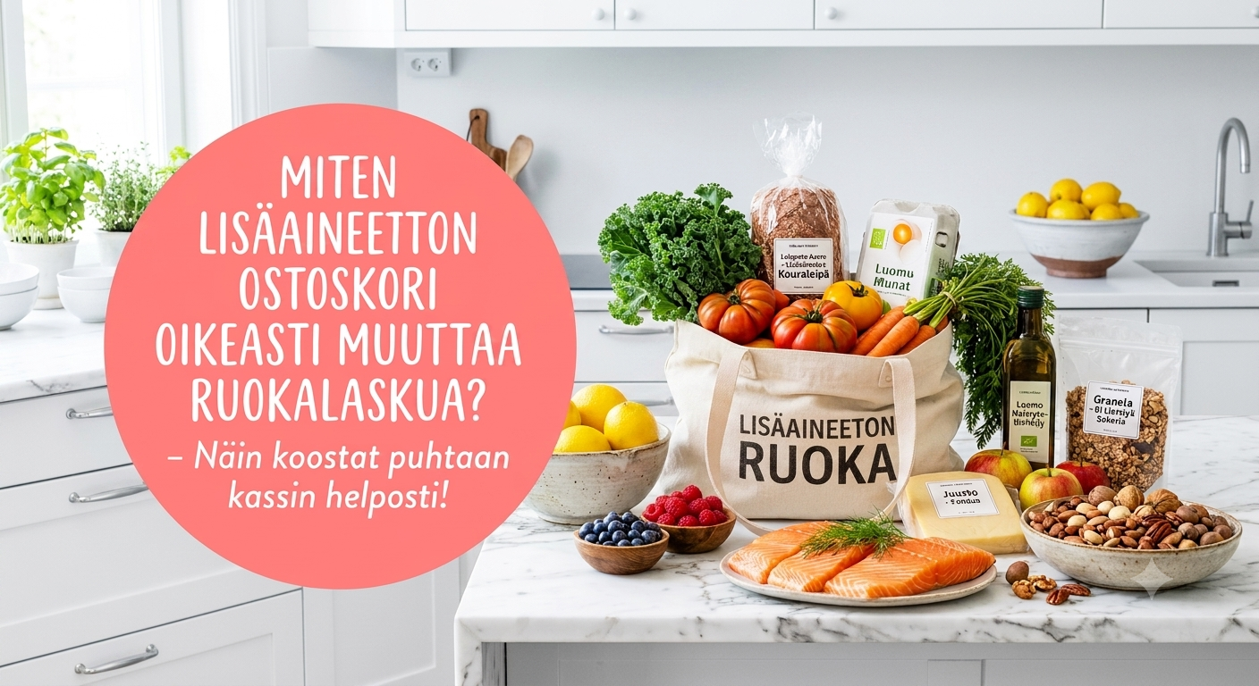 Lisäaineeton kauppakassi keittiön pöydällä.